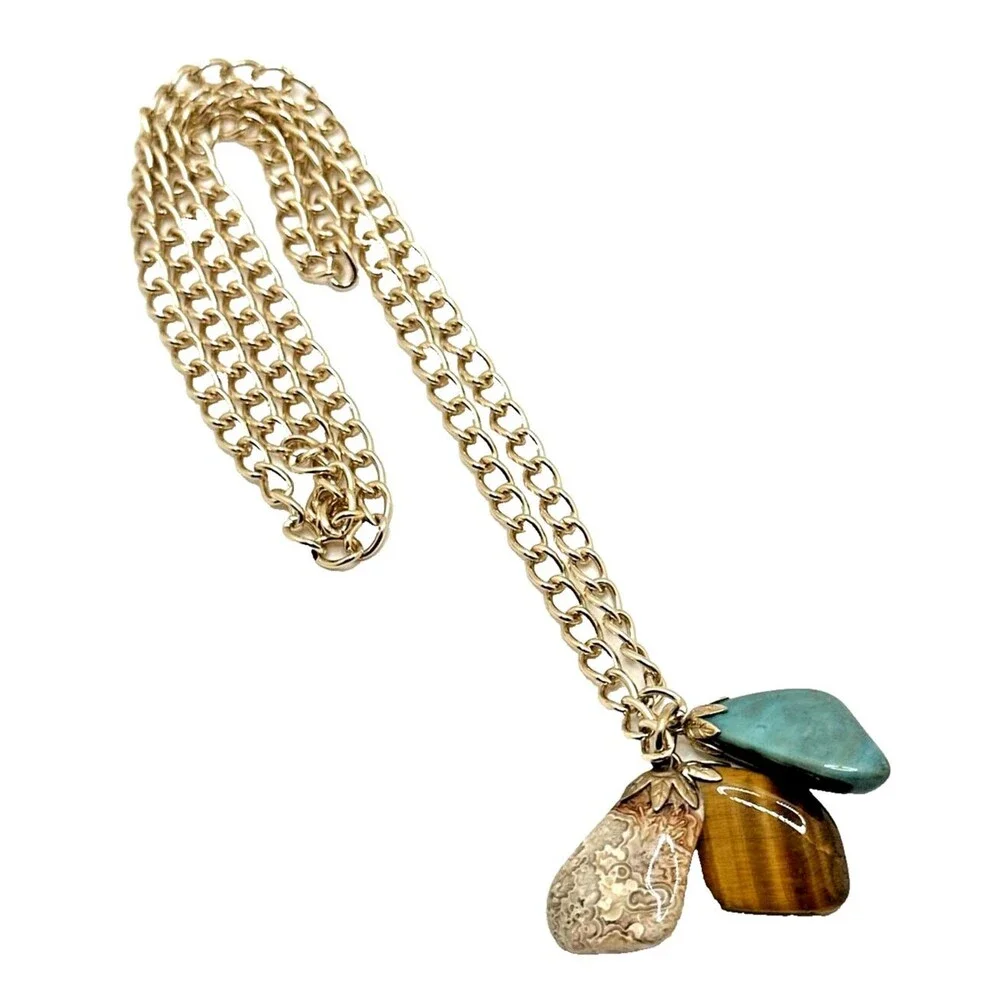 Vintage Organic Semi Precious Stone Pendant Necklace Gold Tone Dangles 30